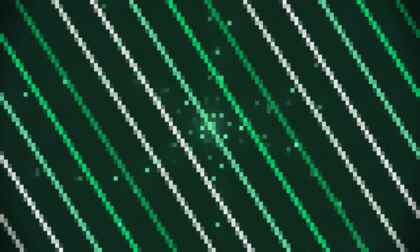 Abstract pixelated green geometric background with diagonal lines, retro 8-bit digital line pattern for tech graphic design