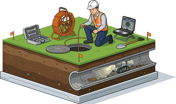 Plumber technician inspecting underground drainage pipe using sewer inspection camera crawler system with screen monitor vector illustration