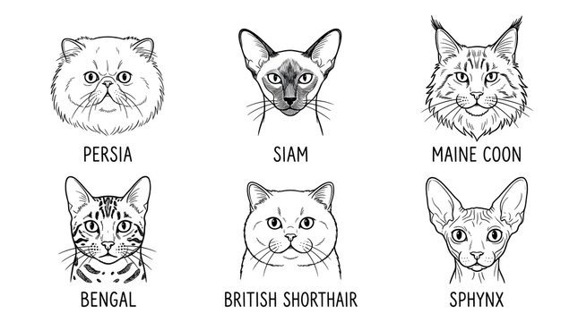 Beautiful Line Art Illustrations of Six Popular Domestic Cat Breeds