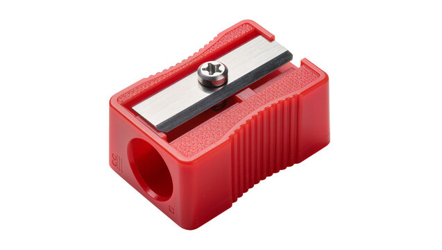 Red plastic pencil sharpener with metal blade, isolated on transparent background