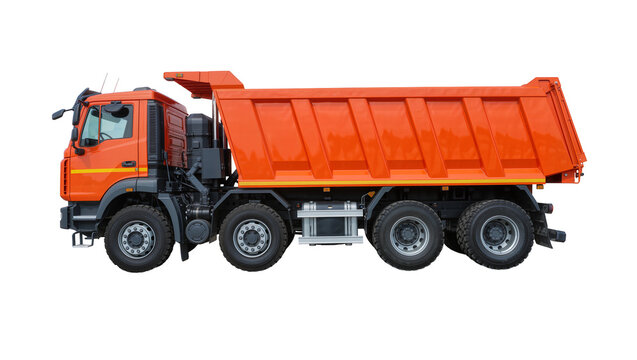 Orange heavy-duty dump truck with six wheels, isolated on transparent background