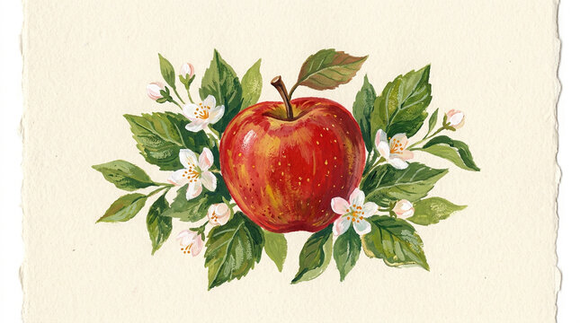 Gouache illustration of a ripe red apple surrounded by green leaves and a few small apple blossoms