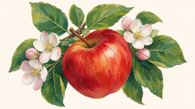 Gouache illustration of a ripe red apple surrounded by green leaves and a few small apple blossoms