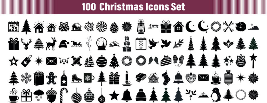 Black and White Christmas Holiday Icons Set with Transparent Background