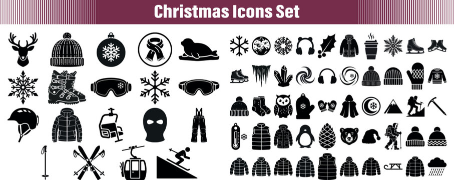 Black and White Winter Sports and Holiday Icons Set Transparent Background