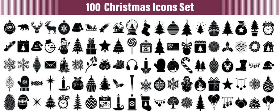 Black and White Christmas Holiday Icons Set Transparent Background Vector Graphics