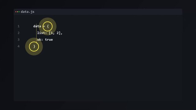 Visual Programming Animation Highlighting Matching Brackets and Scope in a Structured JSON Data File