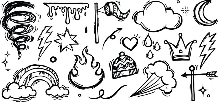 Weather and Decorative Doodles Elements Set