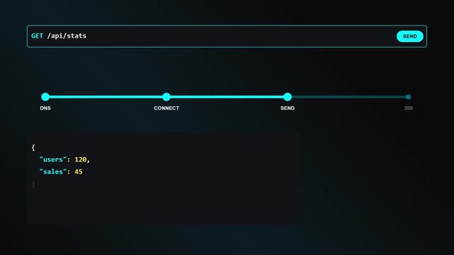 Motion Graphic Animation Showing a Web API Request Process with DNS Connection and JSON Response Data Interface