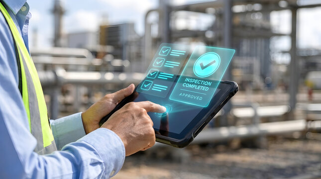 Professional field inspector using a rugged tablet with a digital holographic interface to complete a safety checklist and approval process at an industrial refinery or power plant facility.