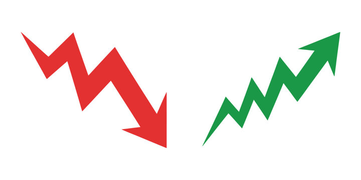 Red downward and green upward trend arrows for business growth analysis