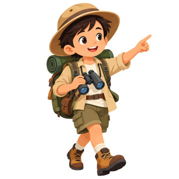 Cute Kid Explorer Traveler with Backpack and Adventure Gear Flat Vector Illustration