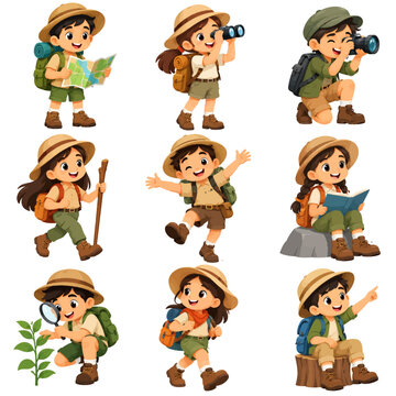 Cute Kid Explorer Traveler with Backpack and Adventure Gear Flat Vector Illustration