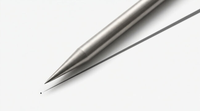 Ultra sharp metallic needle tip casting long shadow on white surface, visual representation of extreme precision, accuracy, focus and engineering detail