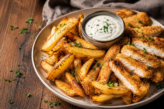 Crispy Breaded Chicken Strips Served With Golden Potato Wedges And White Dip Sauce