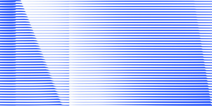 Blue horizontal lines of varying thickness on light gray background forming a smooth gradient with slanted edges. Abstract geometric op art banner for web design and posters.