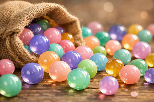 Translucent Colorful Glass Marbles Pouring Out Of A Burlap Sack