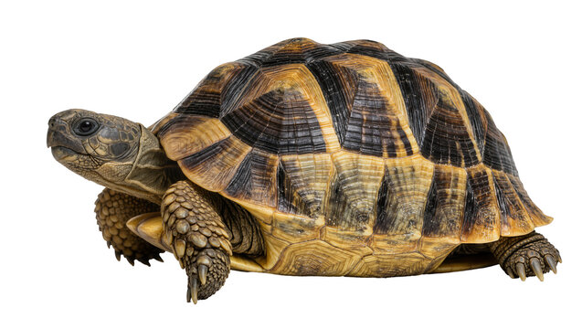 Detailed view of a Mediterranean spur-thighed tortoise with patterned shell, isolated on transparent background