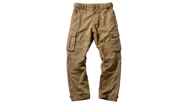 Khaki cargo pants with multiple pockets and belt, isolated on transparent background