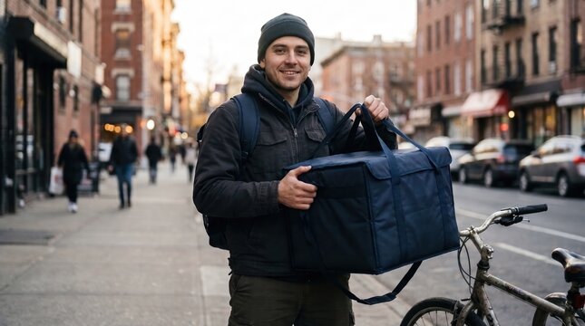 Happy courier on city street with delivery bag