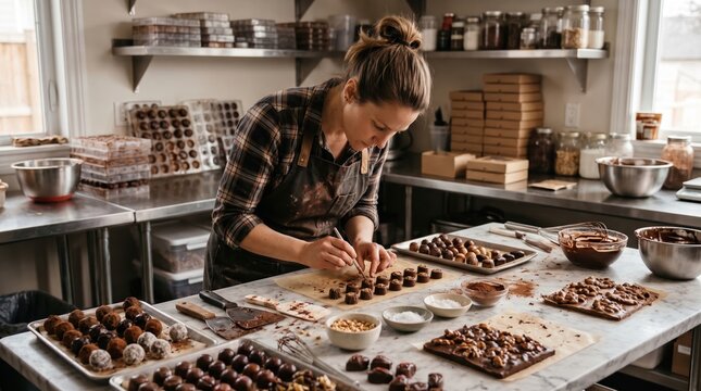 Woman meticulously prepares delicious truffles