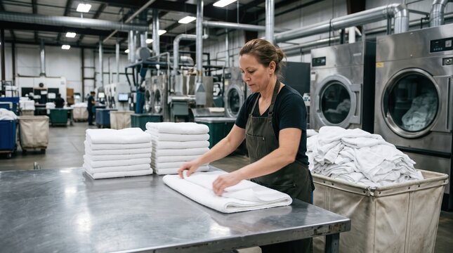 Professional laundry worker folding fresh linens