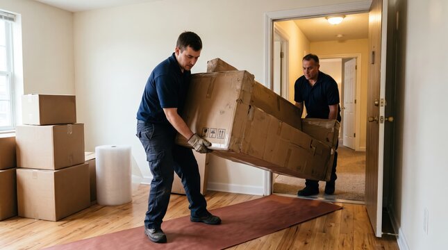 Professional movers transporting furniture box