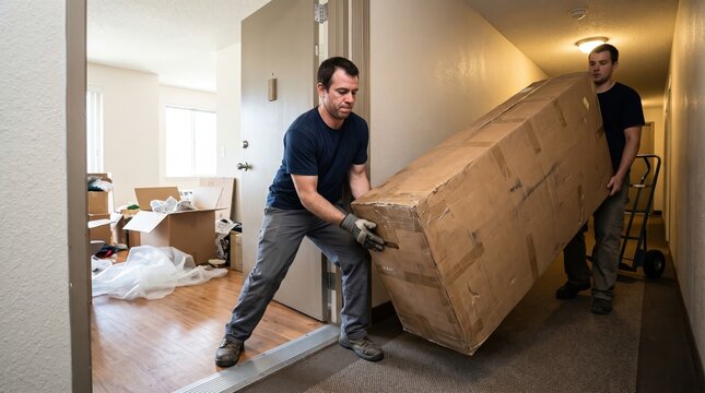 Professional movers carefully carrying large box