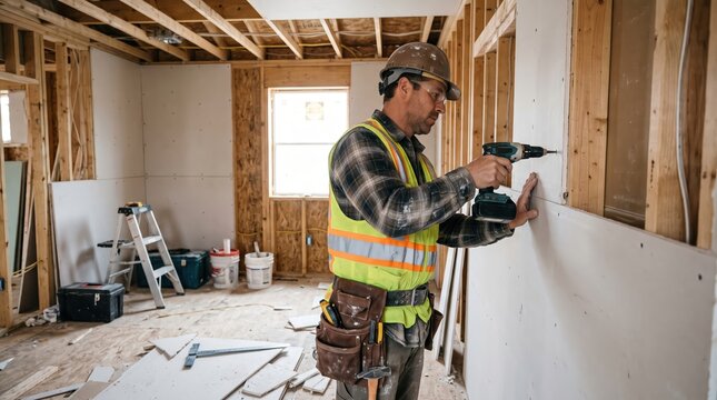 Worker drilling drywall in unfinished house