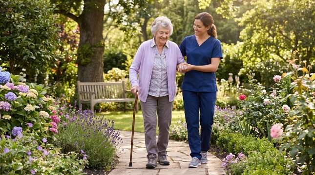 Caregiver helps senior woman walk in garden