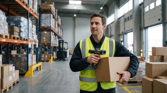 Warehouse worker scanning package in aisle