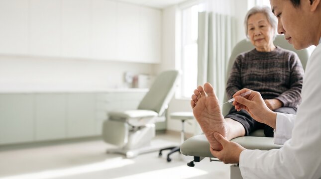 Diabetic Foot Neuropathy Test With Monofilament - Doctor Performing Semmes Weinstein Monofilament Test On Elderly Patient Foot For Peripheral Neuropathy And Diabetes Foot Screening With Copy Space
