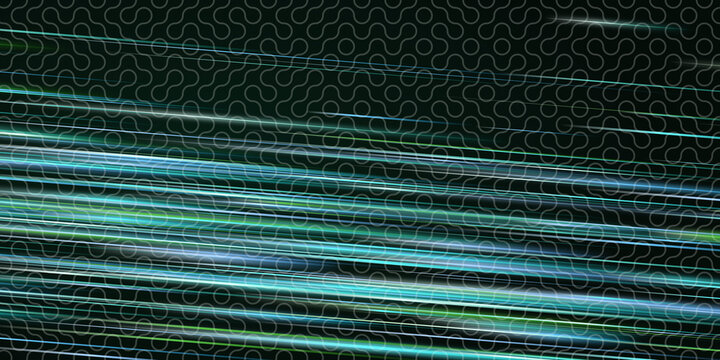 Abstract technology light motion trail background. Glowing cyan and green stripes streak across geometric circuit grid patterns.