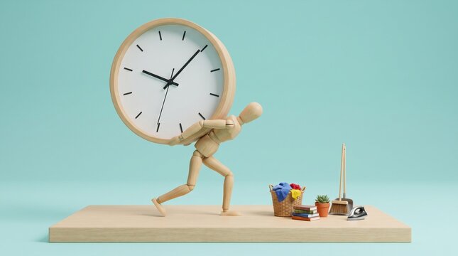 Cartoon figure pushing a giant clock illustration
