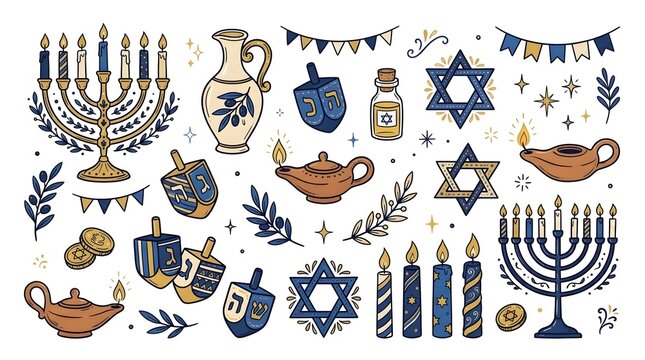 Modern Hand Drawn Hanukkah Doodle Set with Menorah Candles, Oil Lamp and Jewish Holiday Symbols