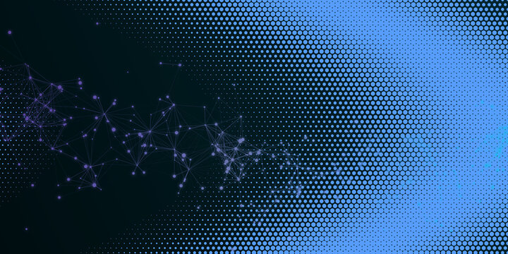 Abstract technology network digital background banner. Glowing purple nodes and connecting lines blend with blue halftone pattern dots.