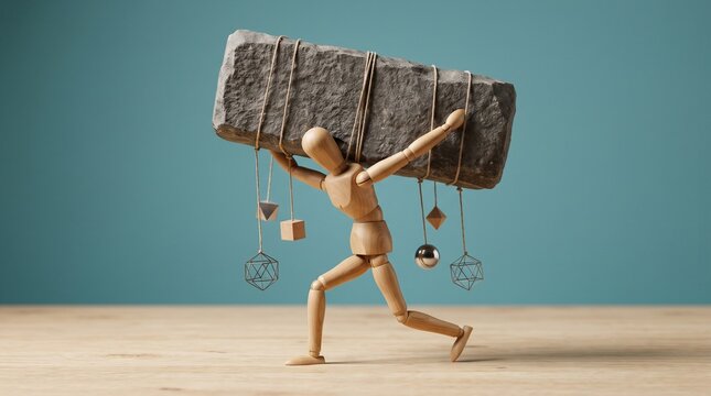 Wooden figure carrying heavy stone block with hanging ornaments
