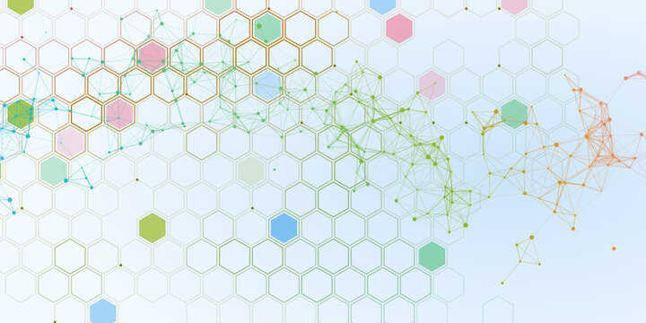 Abstract hexagonal molecular structure graphic background. Colorful honeycomb cells connect with wireframe polygon nodes and digital dots.