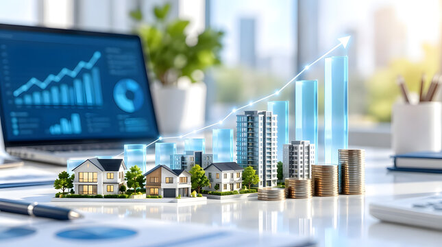 Concept of real estate investment growth and property market success featuring house models, apartment buildings, stacks of coins, and a glowing upward trend arrow on a modern office desk.