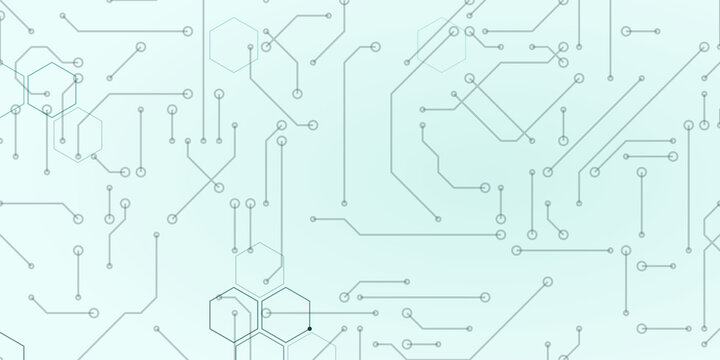 Abstract technology circuit board pattern. Light blue background features subtle digital lines, dots, and hexagons. Minimalist high tech graphic design.