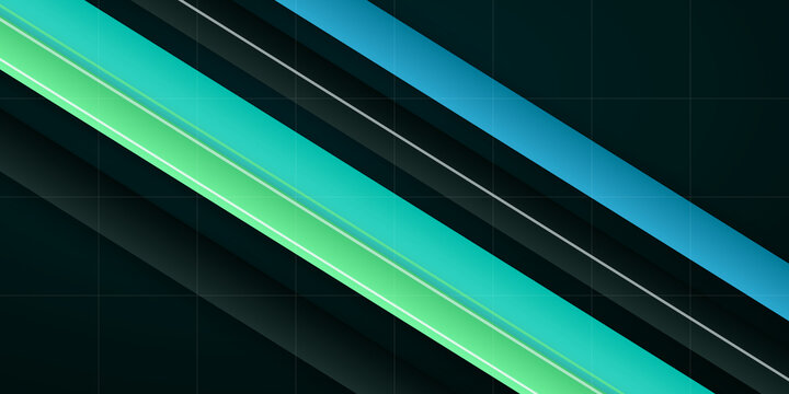 Abstract geometric dark tech backdrop. Sleek diagonal stripes blend vibrant teal, green, and blue hues. Minimalist digital futuristic design.
