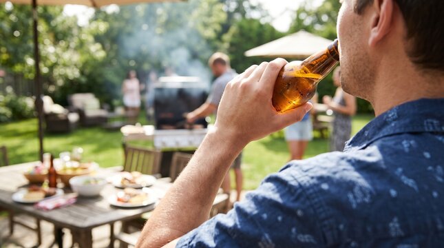 Summer BBQ Relaxation: A man enjoys a cold beer at a backyard barbecue, with friends and family gathered in the background, creating a warm and festive atmosphere for a weekend get-together.