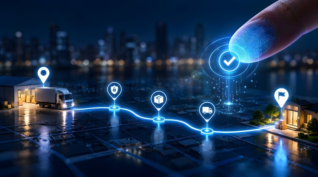 Close up of finger activating smart digital logistics delivery tracking system with delivery truck leaving warehouse for home distribution on futuristic glowing map in night city background.