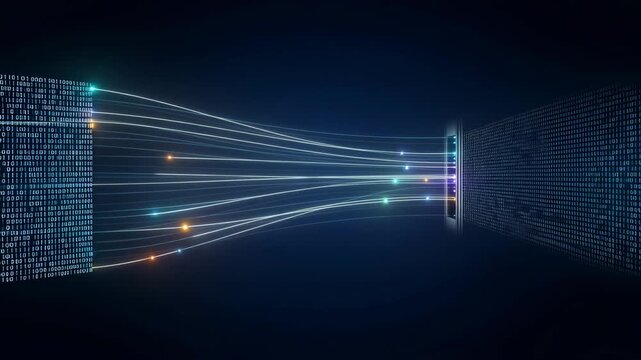 Data streams connecting digital binary walls in futuristic network visualization