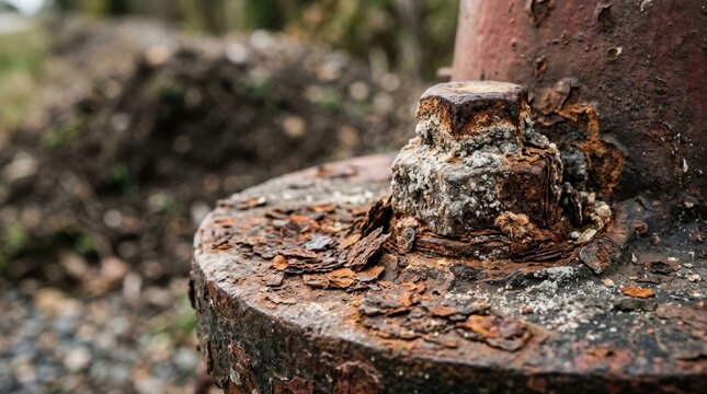 Rust flakes and mineral scale on a corroded hydrant cap with salt crusted bolts near a flood barrier, concept of water infrastructure maintenance and metal corrosion