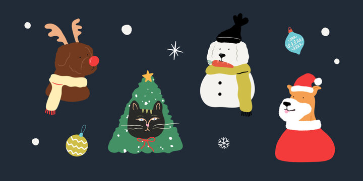 Festive Christmas Pets Vector Illustration