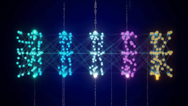 Neural network nodes connecting layers in dynamic motion on dark space background