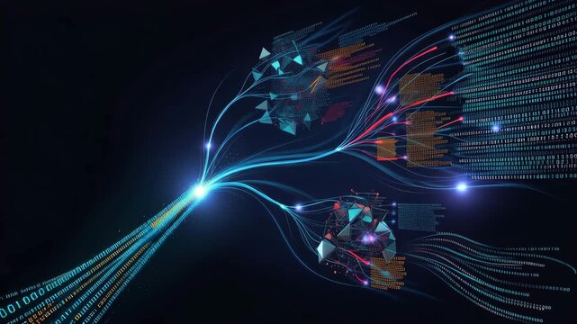 Neural data networks glowing connections with binary code background