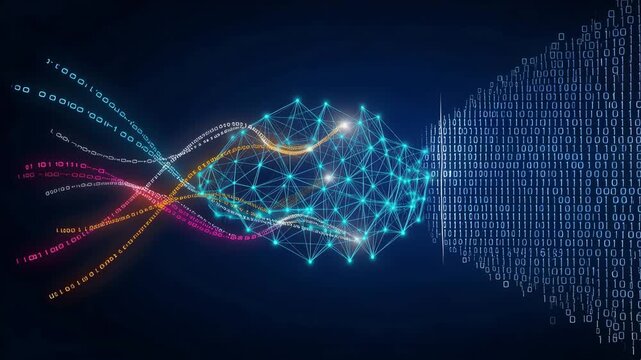 Neural network data flow animation with binary code background