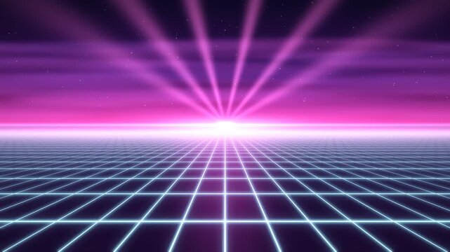 Fond r&eacute;tro synthwave des ann&eacute;es 80 : grille n&eacute;on en perspective avec faisceaux lumineux roses, boucle 4K